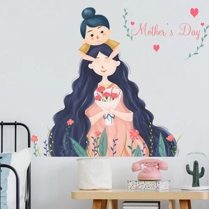 Sticker mural Fête des Mères avec mère, enfant et œillets pour décoration d'intérieur