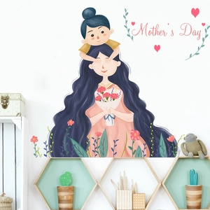 Sticker mural fête des mères avec illustration mère-enfant et fleurs pour la maison