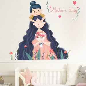 Sticker Mural Fête des Mères PVC Dessin Animé Mère Enfant Fleur Coeur Décalcomanie pour Chambre Salon Décoration