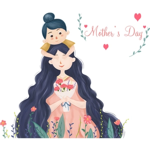 Sticker mural Fête des mères avec enfant sur les épaules et bouquet d'œillets