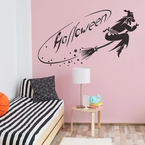 Halloween witch on broom silhouette wall sticker for home holiday decoration