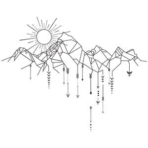Détail du sticker mural montagnes géométriques et soleil avec éléments de flèche