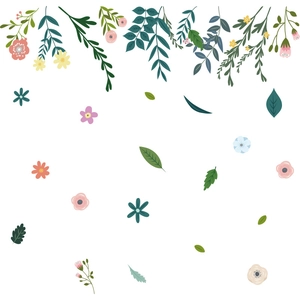 Close-up of hand-painted floral wall decals with green leaves and colorful blossoms