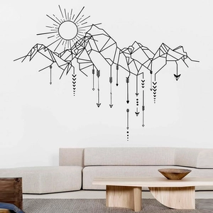 Sticker mural géométrique minimaliste avec montagnes et soleil pour déco intérieure