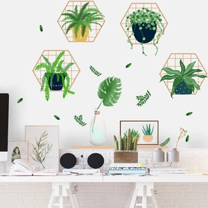 Nordic Green Plants Potted Wall Stickers Hexagon Grid Monstera PVC Wall Decals For Living Room Bedroom Home Decoration
