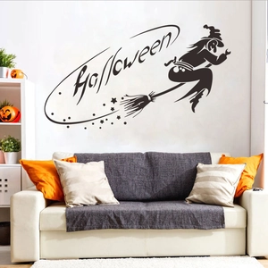 Halloween witch silhouette wall sticker with stars on modern white living room wall