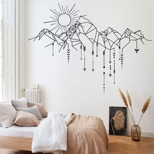 Sticker mural géométrique noir de montagne avec soleil pour décoration de chambre