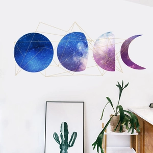 Starry nebula moon phase wall stickers with golden geometric lines for home decor