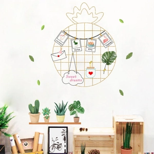 Minimalist pineapple wire grid photo wall stickers with cartoon animal cards and leaves