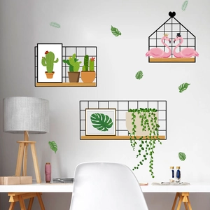 Nordic ins style wall sticker with flamingo, cactus and black grid frame decor
