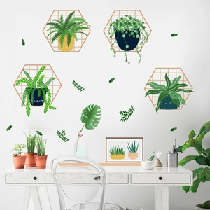 Modern nordic wall sticker featuring green potted plants and copper hexagonal mesh patterns