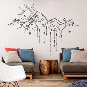 Sticker mural géométrique noir montagne et soleil pour décoration intérieure moderne