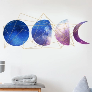 Detail of artistic moon phase wall decals featuring celestial watercolor textures
