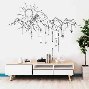 Sticker mural géométrique moderne avec lignes de soleil et montagne pour décor maison