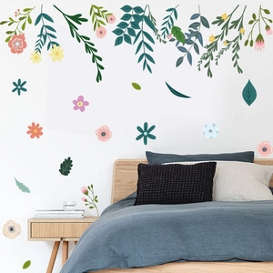 Creative fresh green leaves and colorful flower wall decals for bedroom decoration