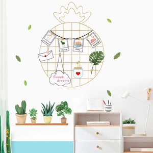 Pineapple wire frame photo wall sticker set with cartoon cards and green potted plants