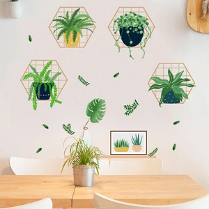 Green plant wall sticker set with golden hexagon frames and potted greenery for home decor