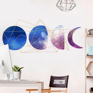 Modern moon phase wall stickers with starry purple texture and gold geometric lines