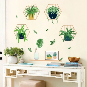 Nordic wall stickers featuring green potted plants and hexagonal grid frames for home decor