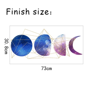 Detailed dimension layout showing starry moon phase wall sticker sized 73cm by 30.8cm