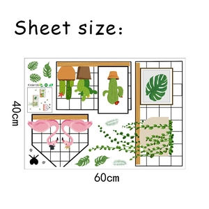 Layout of 40x60cm PVC wall stickers with pink flamingo and green cactus motifs