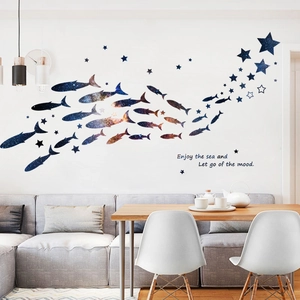 Starry ocean fish silhouette wall decals for modern living room and nursery decor