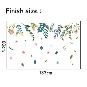 Detailed view of floral wall sticker set featuring green leaves and flowers, 133x80cm size