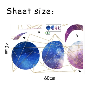 Detail showing 40x60cm dreamy starry night wall sticker with moon phase and planet graphics