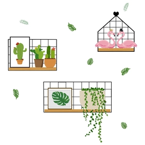 Ins style grid frame wall stickers featuring flamingos and green potted plants decor
