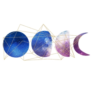 Starry sky moon phase wall decals with purple nebula texture and golden geometric lines