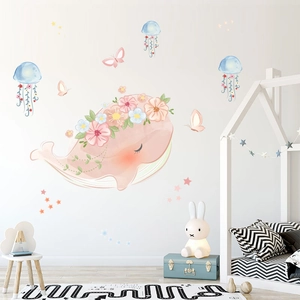 Pastel pink whale wall decal with flower crown and jellyfish for kid's room decor