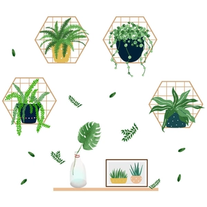 Minimalist grid iron wall stickers with green potted plants and monstera leaf decor