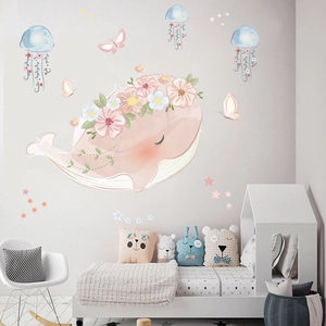 Cute macaron whale and jellyfish wall decals set for kids' bedroom and nursery decor