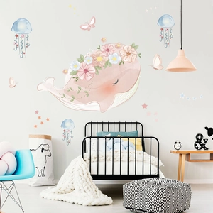 Cute Cartoon Whale Jellyfish Wall Stickers PVC Removable Watercolor Animal Flower Wall Decals For Kids Bedroom Nursery Decor