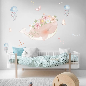 Pink whale and jellyfish cartoon wall stickers for nursery and kids bedroom decoration