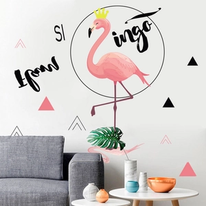 Modern flamingo wall decal with geometric shapes and gold crown for living room decor