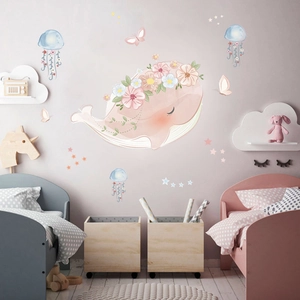 Cute macaron whale and jellyfish wall stickers for nursery and girls bedroom decor