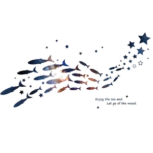 Harajuku starry fish wall sticker with galaxy texture and sea mood text decoration