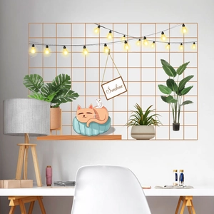 Cozy grid wall sticker set with cats, string lights, and green plants for room decor