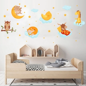 Cartoon animal moon wall stickers set for nursery room wall decor with stars