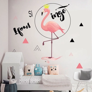 Artistic pink flamingo wall decal with gold crown and geometric triangles for room decor