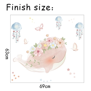 Detailed size chart for pink whale wall sticker measuring 63cm height by 69cm width