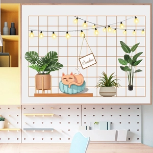 Ins Style PVC Wall Sticker Artistic Grid Frame Cat String Light Pattern Decal For Classroom Dormitory Bedroom Home Decor
