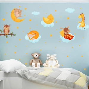 Cartoon moon animal wall stickers set for nursery room decor with stars and clouds