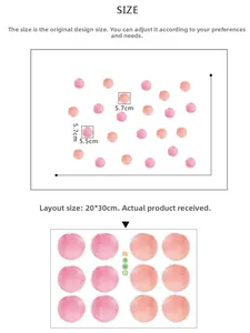 Detail of watercolor pink and orange polka dot wall stickers showing sheet size 20x30cm