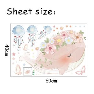 Detailed sheet view showing macaron whale and jellyfish wall stickers with 60x40cm dimensions