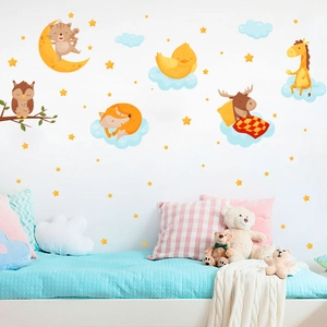 Cartoon Animals Sleeping On Moon Wall Stickers For Kids Room Nursery Decor PVC DIY Cute Cat Owl Fox Wall Decal Baby Room Wall Art