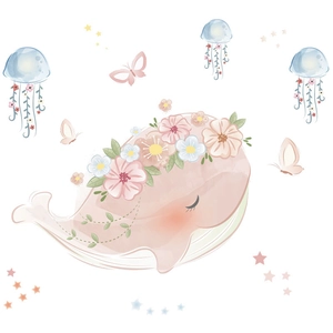 Cute macaron watercolor wall decals featuring a floral whale and blue jellyfish