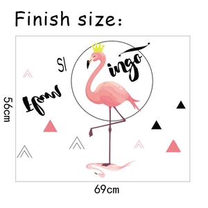 Detail of flamingo wall sticker with geometric patterns showing dimensions of 69x56cm