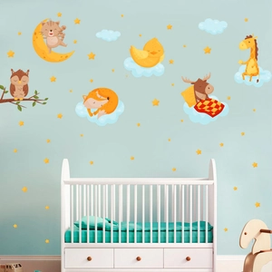 Cartoon moon animal wall decals set for baby nursery room with stars and clouds stickers